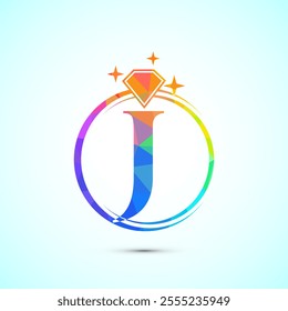 Initial alphabet J in a circle with diamond. Diamond ring logo. Jewelry logo design concept