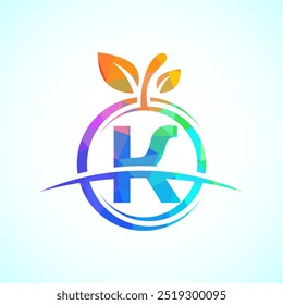 Initial alphabet K with the abstract apple logo. Healthy food logo design template