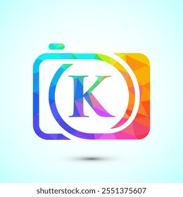 Initial alphabet K with a camera icon. Low poly style logo for photography business