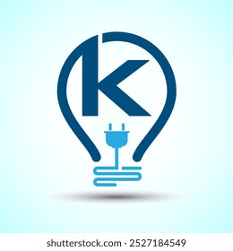 Alfabeto inicial K con una bombilla eléctrica y enchufe. Plantilla de diseño de logotipo de electricidad
