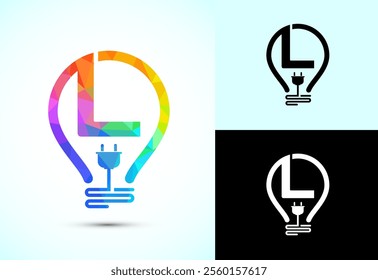Initial alphabet L with an electric bulb and plug. Electricity logo design template low poly style