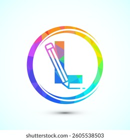 Initial alphabet L with a pencil icon. Logo for education, student or corporate identity, low poly style
