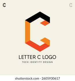 Initial Alphabet Letter C Logo Design – Modern Geometric, Asymmetric, Vector Icon in Black, and Orange colors for Business, Startup, Tech, Marketing, and Corporate Branding Identity (EPS 10 Format)