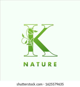 Initial Alphabet Letter K Green Nature Logo,  vector logo  design concept  floral leaf  green color.