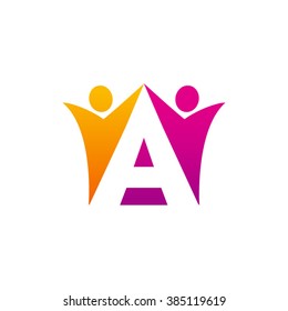 A initial alphabet letter logo with teamwork swoosh man, orange purple