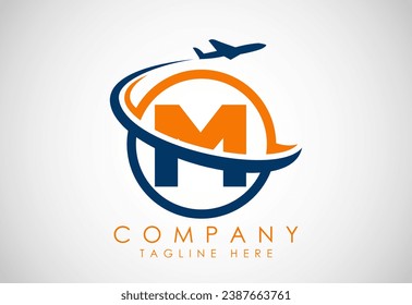 Initial alphabet M with aeroplane. Travel icons. Aviation logo sign, Flying symbol. Flight icon