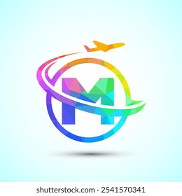 Initial alphabet M with aeroplane. Travel icons. Aviation logo sign, Flying symbol. Flight icon low poly style