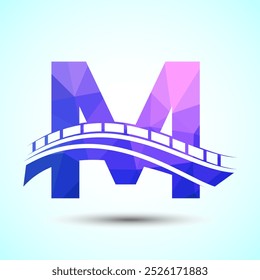 Initial alphabet M with bridge sign. Abstract bridge logo design template. Low poly logo for construction business and company identity.