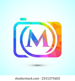 Initial alphabet M with a camera icon. Low poly style logo for photography business