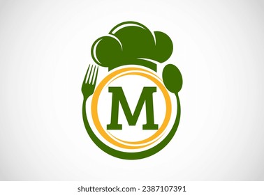Initial alphabet M with chef hat, spoon and fork. Modern vector logo for cafe, restaurant, cooking business, and company identity