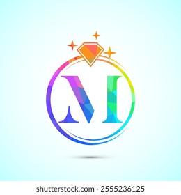Initial alphabet M in a circle with diamond. Diamond ring logo. Jewelry logo design concept