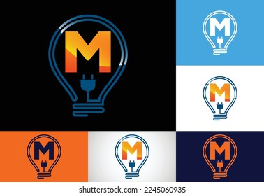 Initial alphabet M with an electric bulb. Electric bulb logo vector template. Electricity logo