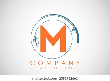 Initial alphabet M with fishing rod and hook. Fishing logo concept vector illustration. 