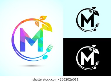 Initial alphabet M with a fork, spoon, and leaf. Healthy natural food logo concept