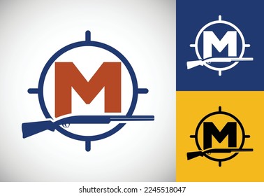 Initial alphabet M with gun and target sign. Inspiration hunting club logo vector. Hunting logo