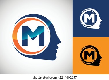 Initial alphabet M with the human brain, A Logo for science, medical research, technology, AI