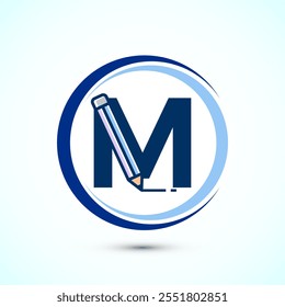 Initial alphabet M with a pencil icon. Logo for education, student or corporate identity