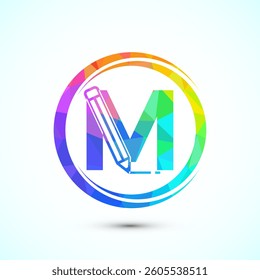 Initial alphabet M with a pencil icon. Logo for education, student or corporate identity, low poly style
