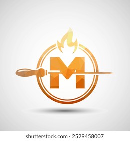 Initial alphabet M with a skewer and fire flame. Low poly Logo design for Barbecue, Seekh Kebab, etc.