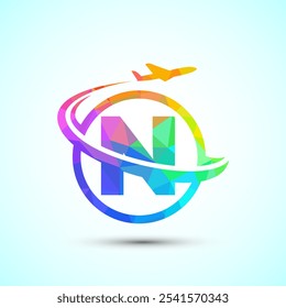 Alfabeto inicial N con avión. Iconos de viaje. Signo del logotipo de la aviación, símbolo del vuelo. Icono de vuelo estilo low poly