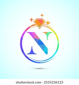 Initial alphabet N in a circle with diamond. Diamond ring logo. Jewelry logo design concept