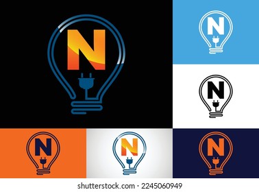 Initial alphabet N with an electric bulb. Electric bulb logo vector template. Electricity logo