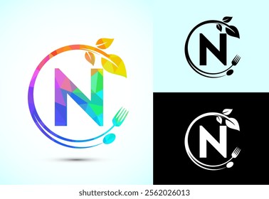 Initial alphabet N with a fork, spoon, and leaf. Healthy natural food logo concept