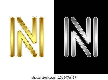 Initial alphabet N in gold and silver color. Graphic alphabet symbol for corporate business identity