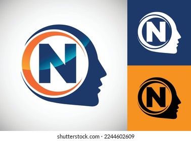 Alfabeto inicial N con cerebro humano, Un logotipo para ciencia, investigación médica, tecnología, IA