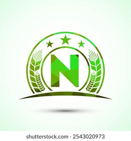 Initial alphabet N incorporated with Wheat, barley, or rye. Logo for agriculture business and company identity