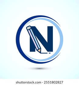 Initial alphabet N with a pencil icon. Logo for education, student or corporate identity