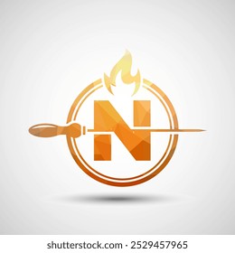 Initial alphabet N with a skewer and fire flame. Low poly Logo design for Barbecue, Seekh Kebab, etc.