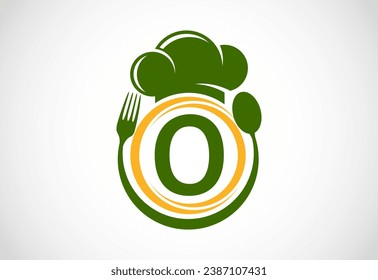 Initial alphabet O with chef hat, spoon and fork. Modern vector logo for cafe, restaurant, cooking business, and company identity