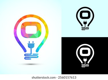 Initial alphabet O with an electric bulb and plug. Electricity logo design template low poly style