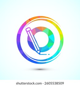 Initial alphabet O with a pencil icon. Logo for education, student or corporate identity, low poly style