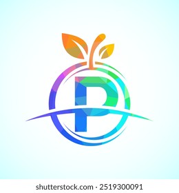 Alfabeto inicial P con el logotipo abstracto de la manzana. Plantilla de diseño de logotipo de comida saludable