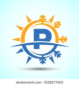 Initial alphabet P with abstract sun and snow. Air conditioner logo sign, Hot and cold symbol
