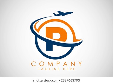 Initial alphabet P with aeroplane. Travel icons. Aviation logo sign, Flying symbol. Flight icon