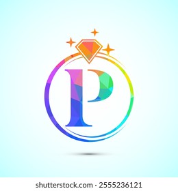 Initial alphabet P in a circle with diamond. Diamond ring logo. Jewelry logo design concept
