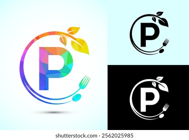 Initial alphabet P with a fork, spoon, and leaf. Healthy natural food logo concept
