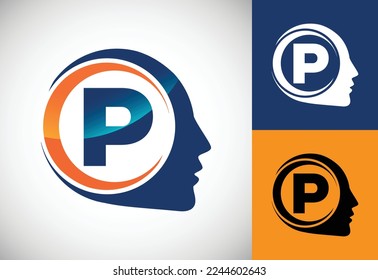Alfabeto inicial P con cerebro humano, Un logotipo para ciencia, investigación médica, tecnología, IA