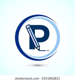 Initial alphabet P with a pencil icon. Logo for education, student or corporate identity