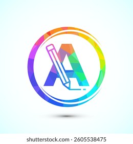 Initial alphabet A with a pencil icon. Logo for education, student or corporate identity, low poly style