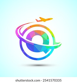 Alfabeto Q inicial com avião. Ícones de viagem. Sinal de logotipo de aviação, símbolo de voo. Ícone de voo com baixo estilo poli