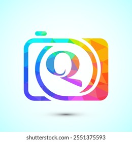 Initial alphabet Q with a camera icon. Low poly style logo for photography business