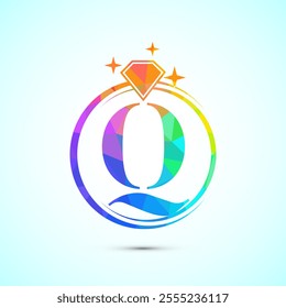 Initial alphabet Q in a circle with diamond. Diamond ring logo. Jewelry logo design concept