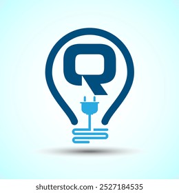 Initial alphabet Q with an electric bulb and plug. Electricity logo design template