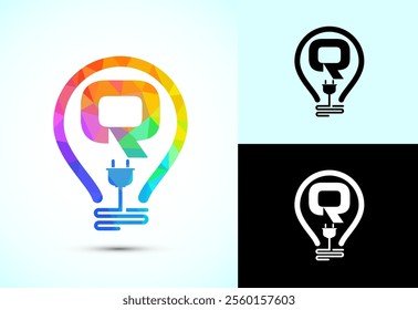 Initial alphabet Q with an electric bulb and plug. Electricity logo design template low poly style