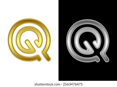 Initial alphabet Q in gold and silver color. Graphic alphabet symbol for corporate business identity