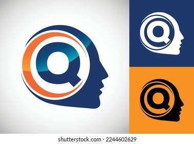 Initial alphabet Q with the human brain, A Logo for science, medical research, technology, AI